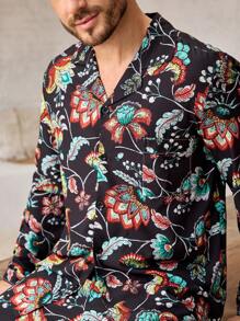 Manfinity ChillVibe 1 Set Men Floral Print Grandad Collar Single Breasted Long Sleeve Top And Pants Pajama Set - Mint Green - View 7