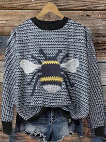 SHEIN Plus Size Pullover Sweater With Vintage Bee Pattern, For Winter Knit Pullover Fall - Black - View 1