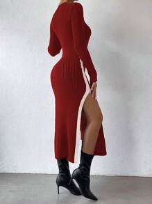 SHEIN Clasi 撞色圆领镂空大腿高开叉长袖毛衣连衣裙 - 彩色 - 查看 2