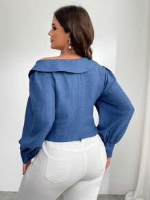 SHEIN Privé Plus Size Comfortable Casual Elegant Commute Daily Versatile Denim Effect Asymmetrical Collar Lantern Sleeve Pleated Asymmetric Hem Women Long Sleeve Blouse, Autumn/Winter