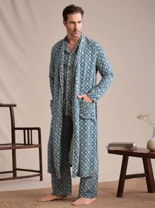 1pc Men's Long Sleeve All Over Print Pocket Sleepwear Robe, Casual Everyday Wear