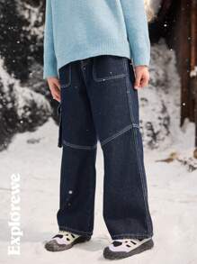 SHEIN Tween Girls Pocket Decor Wide Leg Loose Casual Versatile Jeans - Dark Wash - View 4
