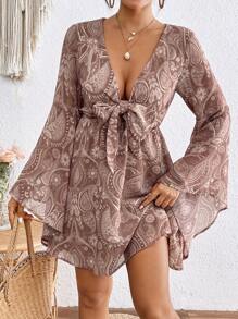 SHEIN VCAY Vestido-mono de mujer con cuello en V estampado tejido, mangas de campana y nudo delantero, vestidos casuales para mujer