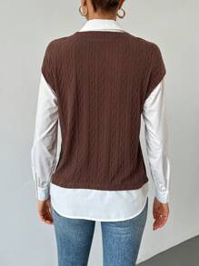 SHEIN Essnce 女士棕白色休闲落肩灯笼袖二合一衬衫长袖衬衫感恩节衬衫圣诞衬衫 - 彩色 - 查看 5