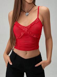 SHEIN Unity 纯色蕾丝拼布荷叶边优雅无袖吊带背心 - 紅色 - 查看 3