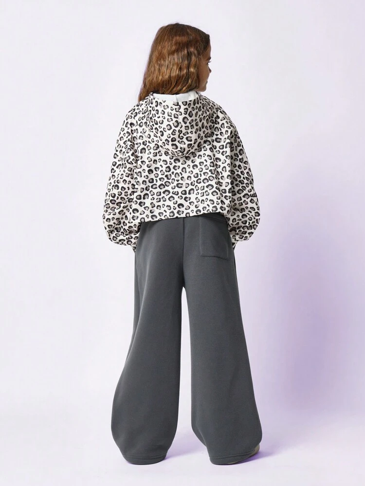 ティーンガール コンフィー クロップ ジップスルーアニマルプリントパーカー&ワイドレッグスウェットパンツ 2ピースセット