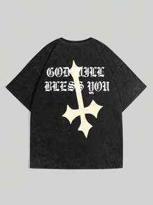 Manfinity EMRG Plus Size Men Letter & Cross Graphic Round Neck Casual Short Sleeve T-Shirt, Going Out Street Wear - Black - View 3
