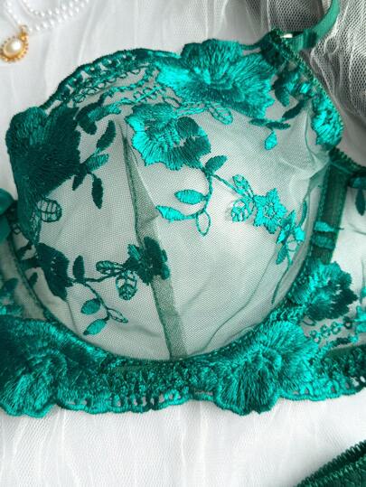 Women Bloemen Geborduurde Mesh Lingerie Set, Verleidelijke Underwear Set Going Out view 6