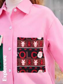 1件女童圣诞图案口袋长袖衬衫，适合圣诞外出、城市街头穿搭和日常穿着。 - 粉色 - 查看 4