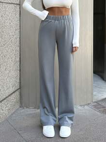 EURMUSE Women's Solid High Rise Rib Knit Pants - Grey - View 1