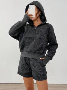 SHEIN LUNE Chaqueta con capucha con cremallera y bolsillos talla grande pantalones cortos acolchados en 2 piezas, elaborados con tejido suave texturizado con copos de nieve, cómodos para uso casual, deportivo y en casa durante otoño/invierno para mujer