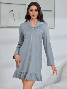 Lazeform 宽松牛奶丝简约翻领长袖睡袍 - 灰色 - 查看 3