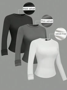 SHEIN LUNE 3 件/套女士纯色弹力贴身保暖内衣，基本款，轻便，保暖内衬和加厚保暖内衬版本，适合秋冬季 - 彩色 - 查看 1