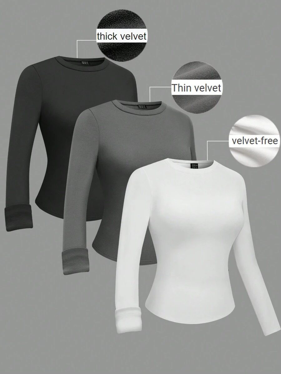 SHEIN LUNE 3 件/套女士纯色弹力贴身保暖内衣，基本款，轻便，保暖内衬和加厚保暖内衬版本，适合秋冬季 - 彩色 - 查看 1