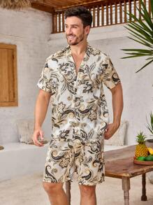 Manfinity ChillVibe 2pcs Men All-Over Print Button-Front Short Sleeve Top And Shorts Pajama Set