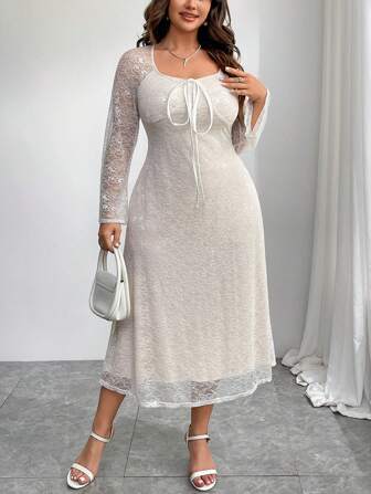 SHEIN Privé 加大码优雅浪漫简约老钱婚礼/约会蕾丝方领系带腰带透明中长 A 字长袖连衣裙，适合所有季节