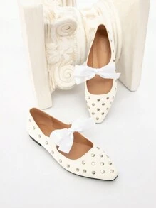 CUCCOO CHICEST 2024 Spring & Autumn New Flat Shoes With Ribbon & Rivet Decor, Solid Color Square Toe Casual Versatile Flats
