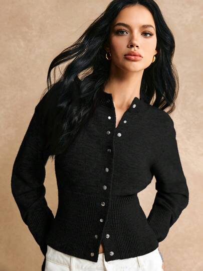 Poéselle Short Slim Front Button Solid Color Long Sleeve Simple Casual Knit Cardigan, Sweater,Short Women's Sweater,Women's Sweaters,Knit Sweaters,Winter Women's Clothing,Fall Women's Clothing,FW24,Tops For School