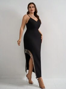 RueChic Rhinestone Fringe Trim Asymmetrical Hem Cami Dress - Black - View 3