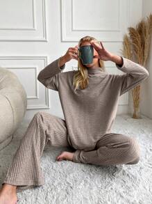 EURMUSE Cotton Women's Drop Shoulder Ribbed Long Sleeve T-Shirt And Pants Set Lounge Brown Autumn Casual - Beige - View 5