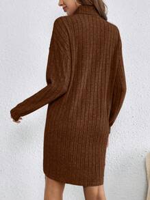 SHEIN Frenchy Solid Color High Neck Long Sleeve Textured Fabric Dress