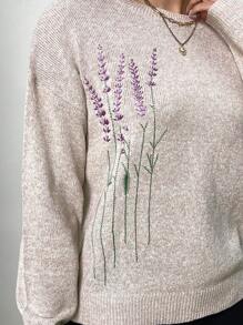 EMERY ROSE Plus Size Round Neck Embroidered Long Sleeve Sweater In Fall/Winter - Khaki - View 3