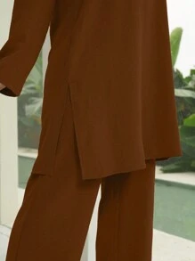 Mulvari 2 件套女士纯色圆领长袖长上衣和裤子休闲宽松套装，秋季 2 件套 - 棕色 - 查看 4