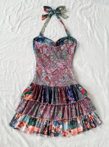 Soleia 度假女士复古秋季彩色印花吊带背心荷叶边分层迷你连衣裙，可内穿或外穿 - 彩色 - 查看 5