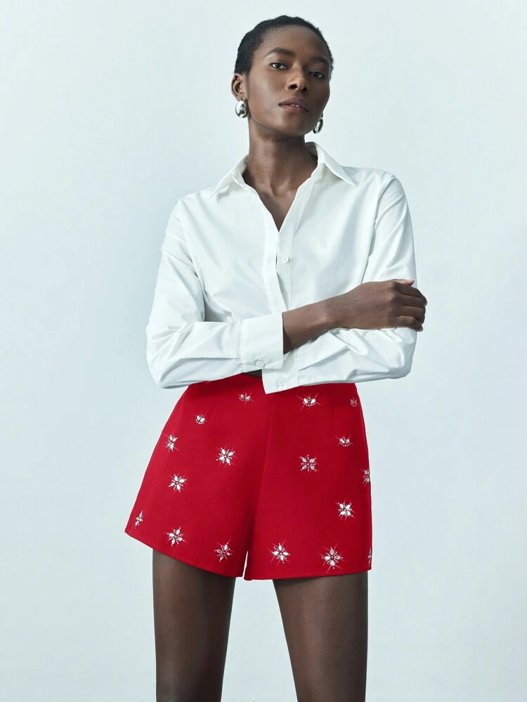 SHEIN Maija Women's Red Crystal Embellished Urban Design Casual/Business Shorts, Summer Fashion,Summer Clothes Women