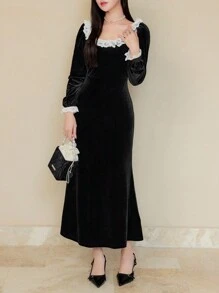 EastFlair Fall Winter Women's Lace Trim Velvet Elegant Black Long Sleeve Dress,For Party And Date, Holiday Dress,Christmas Party Dress,