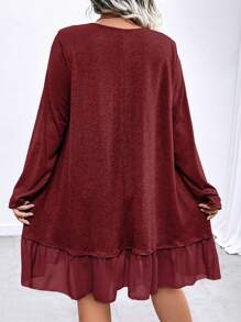 SHEIN LUNE Plus Size Women Solid Color Round Neck Long Sleeve Ruffle Hem Casual Dress, Autumn Burgundy Color Women Outfit