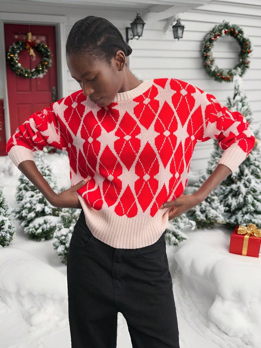 Maija Áo len Giáng sinh cổ tròn dáng rộng cho nữ có họa tiết hình học tương phản, Thu/Đông - Đỏ - Xem 1