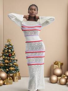 Maija Robe tricotée simple avec col rond, manches longues, rayures contrastées et découpes tendance. Vêtement casual, automne/hiver - Nude - Voir 6