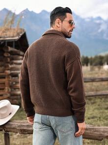 Manfinity Homme 1 件男士纯色长袖单排扣休闲开衫，秋冬外出落肩纯色休闲开衫，适合丈夫、男朋友的礼物 - 咖啡棕 - 查看 2