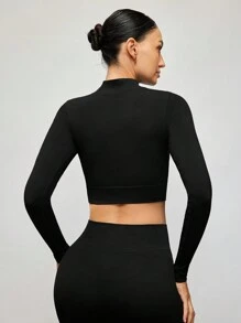 Activina Women Solid Color Seamless Zip-Up Long Sleeve Sports Cropped Top - Black - View 4