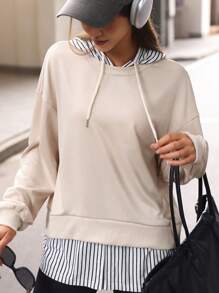 Tropiluxe New Autumn Fashionable Casual Striped Loose 2 In 1 Hooded Long Sleeve Sweatshirt For Women Sportwear For Daily Wear