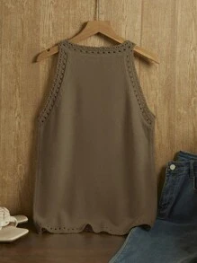 Chiquease 女士纯色圆领无袖简约针织上衣，休闲日常穿着 - 駝色 - 查看 2