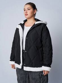 SHEIN EZwear Sudadera con capucha casual de manga larga con botones y panel frontal de piel sintética para talla grande