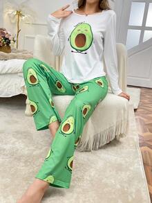 Bộ đồ ngủ dài tay in hình quả bơ dễ thương cho nữ và quần dài - Nhiều màu - Xem 3