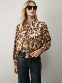 BizChic Leopard Print Long Sleeve Blouse, Leopard Pattern Shirt For Women, Office Wear, Spring Summer, Christmas Party, Thanksgiving, Elegant For New Year, - Brown - View 4