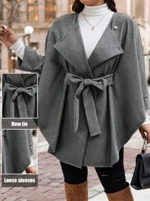 SHEIN Unity Áo khoác thanh lịch tay cánh dơi ve màu trơn cỡ lớn cho nữ, thu/đông, thắt eo - Xám - Xem 1