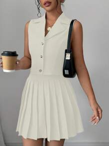 Elenzga Women's Solid Button Front Sleeveless Collared Top And Mini Skirt Casual Set - Yellow - View 3