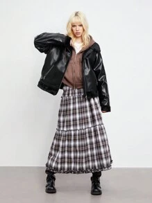 Flirla 1 pieza Chaqueta de moto con cuello de peluche, parches y cremallera de PU negro para mujer, chaqueta de moto para otoño/invierno