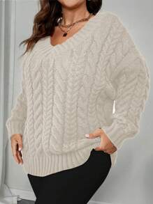 Celure 大码纯色 V 领长袖简约套头毛衣，休闲日常穿着，适合冬季 - 杏色 - 查看 4