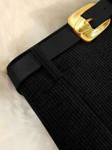 EARO 休闲百搭街头风格灯芯绒高腰 A 字开衩裙，松紧腰身修身设计，时尚优雅，适合秋冬 - 黑色 - 查看 4