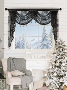 1pc Black Lace Heavy Curtain, Sweet Style With Exquisite Floral Ruffle Edge And Curtain Heading, Suitable For Living Room And Bedroom Windows/Doors Decor, Christmas Home Decor,Fall Decor,Autumn Decor,Room Decor - Black - View 8