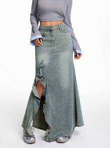 SHEIN EZwear Damen Jeans Rock mit hohem Schlitz und gerüschtem Saum, A-Linie Rock, Halloween Kleidung, Kreuzfahrt Damen Outfits, Halloween Kleidung, Halloween Damen Röcke, Business Lässig Damen, Homecoming kurzer Rock, Herbst Röcke, Winterkleidung für Damen, Cottage Core, Rüsche Röcke, Renaissance, Herbst Damen Röcke, asymmetrische Röcke, Blau - Dunkle Waschung - Übersicht 5