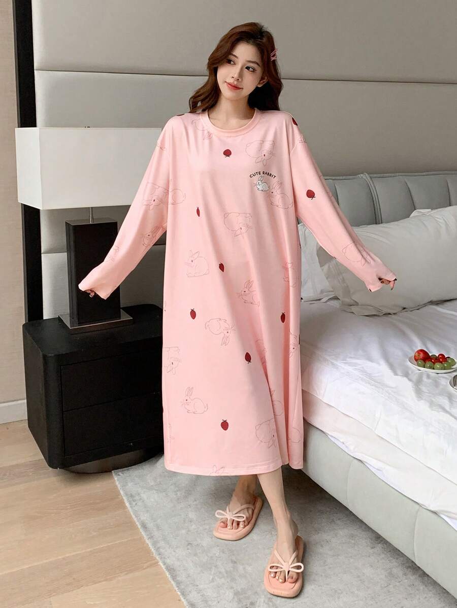 DAZY Cartoon Rabbit Print Loose Nightgown Pajama - Pink - View 1