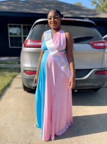 Maternity Colorblock Cross Wrap Tie Backless Multi-Way Dress For Baby Shower Photoshoot - Multicolor - View 4