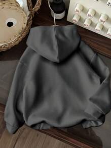 SHEIN EZwear 秋冬女款休闲简约白色豹纹“纽约”图案宽松连帽衫 - 深灰色 - 查看 2